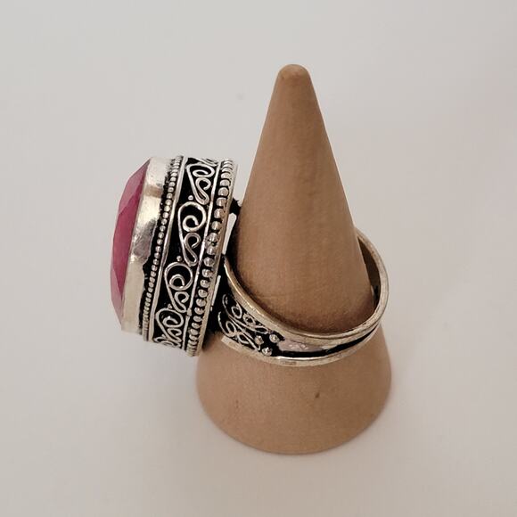 Sterling Silver Pink Agate Ring – Bohemian Statement Jewelry – Size 8.5 - Picture 4 of 13